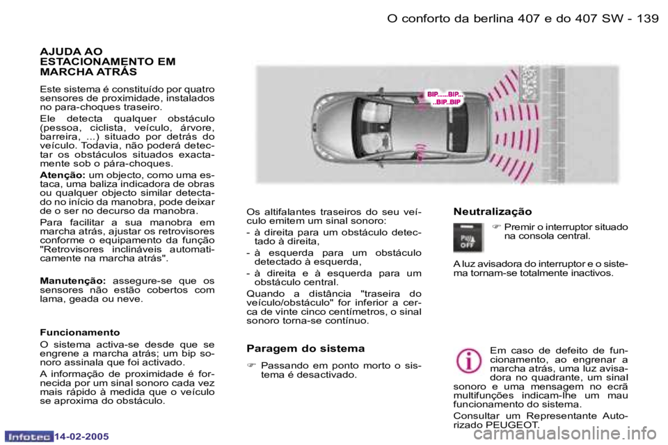Peugeot 407 2005  Manual do proprietário (in Portuguese) �1�3�8 �-
�1�4�-�0�2�-�2�0�0�5
�1�3�9
�-
�1�4�-�0�2�-�2�0�0�5
�A�J�U�D�A� �A�O�  
�E�S�T�A�C�I�O�N�A�M�E�N�T�O� �E�M� 
�M�A�R�C�H�A� �A�T�R�Á�S
�E�s�t�e� �s�i�s�t�e�m�a� �é� �c�o�n�s�t�i�t�u�í�d�o�