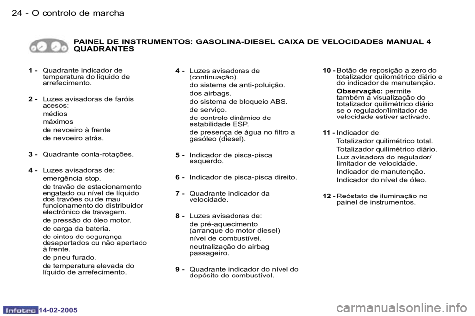 Peugeot 407 2005  Manual do proprietário (in Portuguese) �2�4 �-
�1�4�-�0�2�-�2�0�0�5
�2�5
�-
�1�4�-�0�2�-�2�0�0�5
�1� �-� 
�Q�u�a�d�r�a�n�t�e� �i�n�d�i�c�a�d�o�r� �d�e�  
�t�e�m�p�e�r�a�t�u�r�a� �d�o� �l�í�q�u�i�d�o� �d�e� 
�a�r�r�e�f�e�c�i�m�e�n�t�o�.
�2