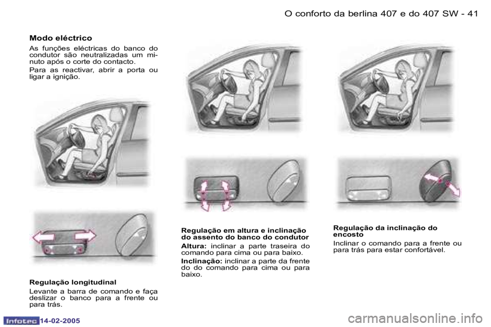 Peugeot 407 2005  Manual do proprietário (in Portuguese) �4�0 �-
�1�4�-�0�2�-�2�0�0�5
�4�1
�-
�1�4�-�0�2�-�2�0�0�5
�M�o�d�o� �e�l�é�c�t�r�i�c�o
�A�s�  �f�u�n�ç�õ�e�s�  �e�l�é�c�t�r�i�c�a�s�  �d�o�  �b�a�n�c�o�  �d�o�  
�c�o�n�d�u�t�o�r�  �s�ã�o�  �n�e�