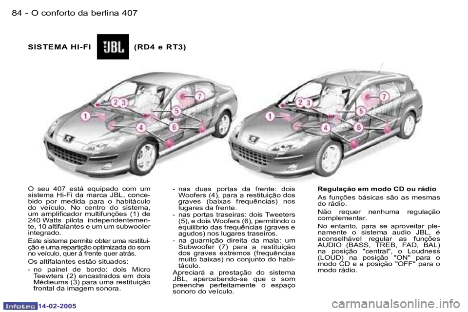 Peugeot 407 2005  Manual do proprietário (in Portuguese) �8�4 �-
�1�4�-�0�2�-�2�0�0�5
�8�5
�-
�1�4�-�0�2�-�2�0�0�5
�O�  �s�e�u�  �4�0�7�  �e�s�t�á�  �e�q�u�i�p�a�d�o�  �c�o�m�  �u�m�  
�s�i�s�t�e�m�a�  �H�i�-�F�i�  �d�a�  �m�a�r�c�a�  �J�B�L�,�  �c�o�n�c�e