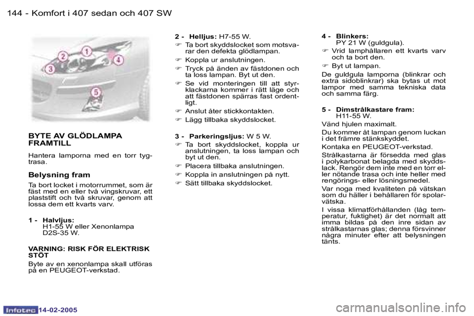 Peugeot 407 2005  Ägarmanual (in Swedish) �1�4�4 �-
�1�4�-�0�2�-�2�0�0�5
�1�4�5
�-
�1�4�-�0�2�-�2�0�0�5
�B�Y�T�E� �A�V� �G�L�Ö�D�L�A�M�P�A�  
�F�R�A�M�T�I�L�L
�H�a�n�t�e�r�a�  �l�a�m�p�o�r�n�a�  �m�e�d�  �e�n�  �t�o�r�r�  �t�y�g�- 
�t�r�a�s�