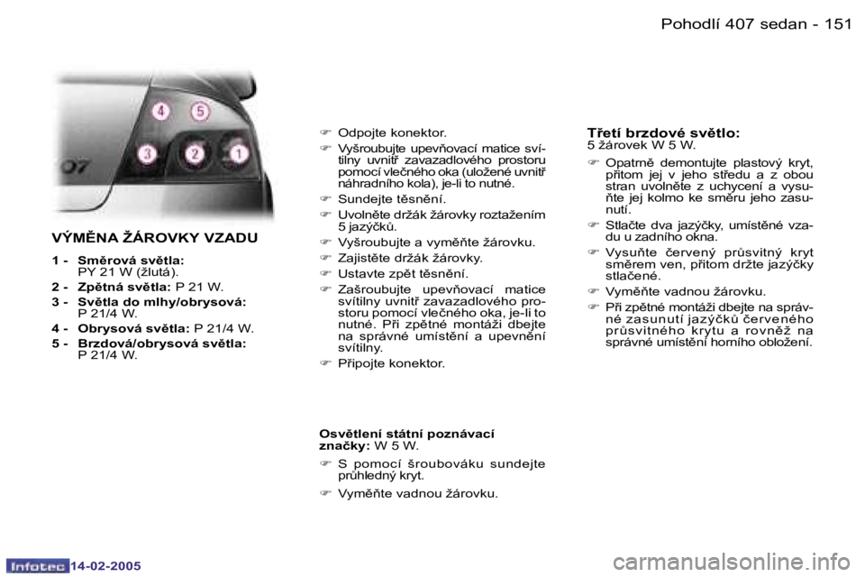Peugeot 407 2005  Návod k obsluze (in Czech) �P�o�h�o�d�l�í� �4�0�7� �s�e�d�a�n
�1�5�0 �-�1�5�1
�P�o�h�o�d�l�í� �4�0�7� �s�e�d�a�n
�-
�V�Ý�M(�N�A� �Ž�Á�R�O�V�K�Y� �V�Z�A�D�U
�1� �-�  �S�m)�r�o�v�á� �s�v)�t�l�a�:� 
�P�Y� �2�1� �W� �(�ž�