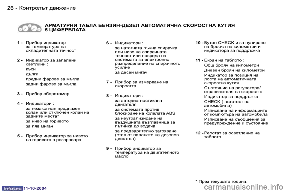 Peugeot 407 2004.5  Ръководство за експлоатация (in Bulgarian) �2�6 �-
�1�1�-�1�0�-�2�0�0�4
�2�7
�-
�1�1�-�1�0�-�2�0�0�4
�1� �-�  Ijb[hj� bg^bdZlhj� 
aZ� l_fi_jZlmjZ� gZ�  
hoeZ^bl_egZlZ� l_qghkl
�2� �-� Bg^b