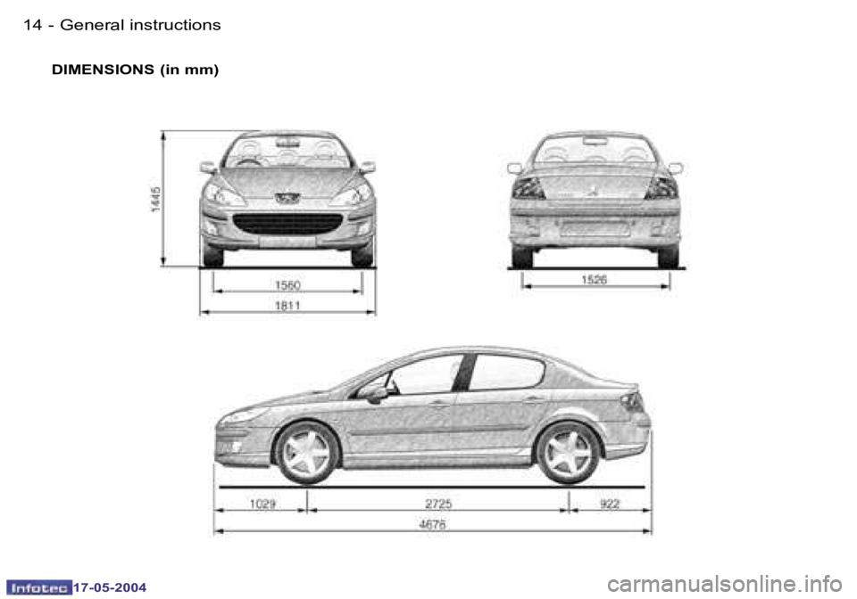 Peugeot 407 2004 User Guide �1�4 �-
�1�7�-�0�5�-�2�0�0�4
�1�5
�-
�1�7�-�0�5�-�2�0�0�4
�D�I�M�E�N�S�I�O�N�S� �(�i�n� �m�m�) �G�e�n�e�r�a�l� �i�n�s�t�r�u�c�t�i�o�n�s  