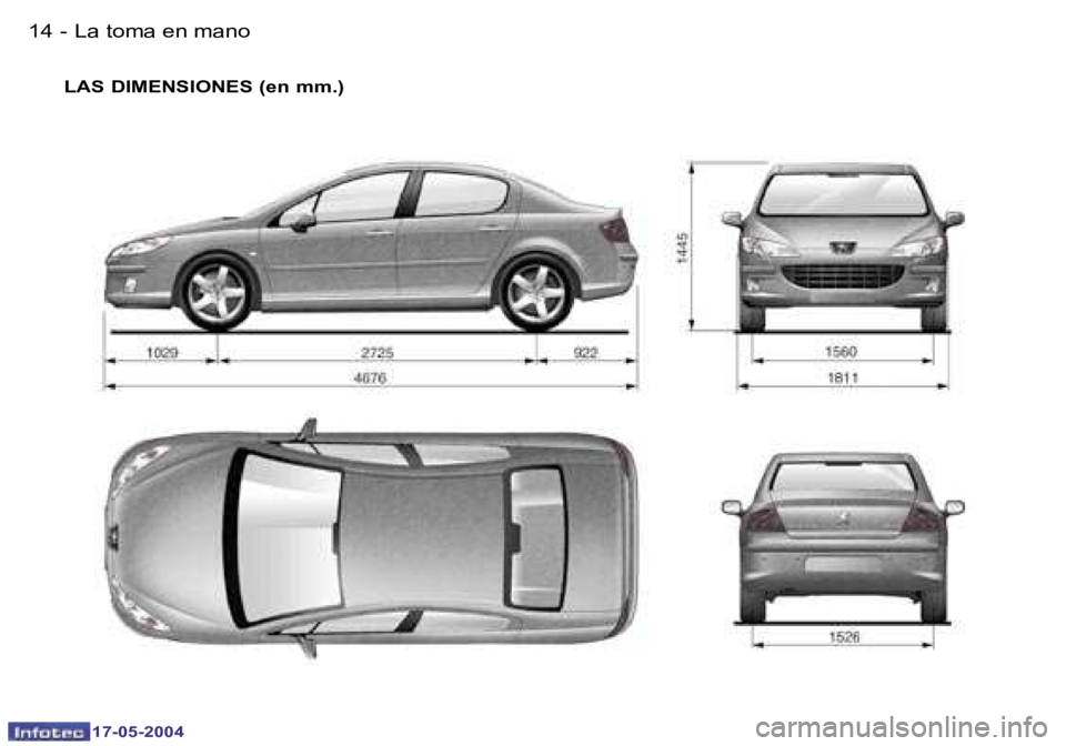 Peugeot 407 2004  Manual del propietario (in Spanish) �1�4 �-
�1�7�-�0�5�-�2�0�0�4
�1�5
�-
�1�7�-�0�5�-�2�0�0�4
�L�A�S� �D�I�M�E�N�S�I�O�N�E�S� �(�e�n� �m�m�.�)
�L�a� �t�o�m�a� �e�n� �m�a�n�o  