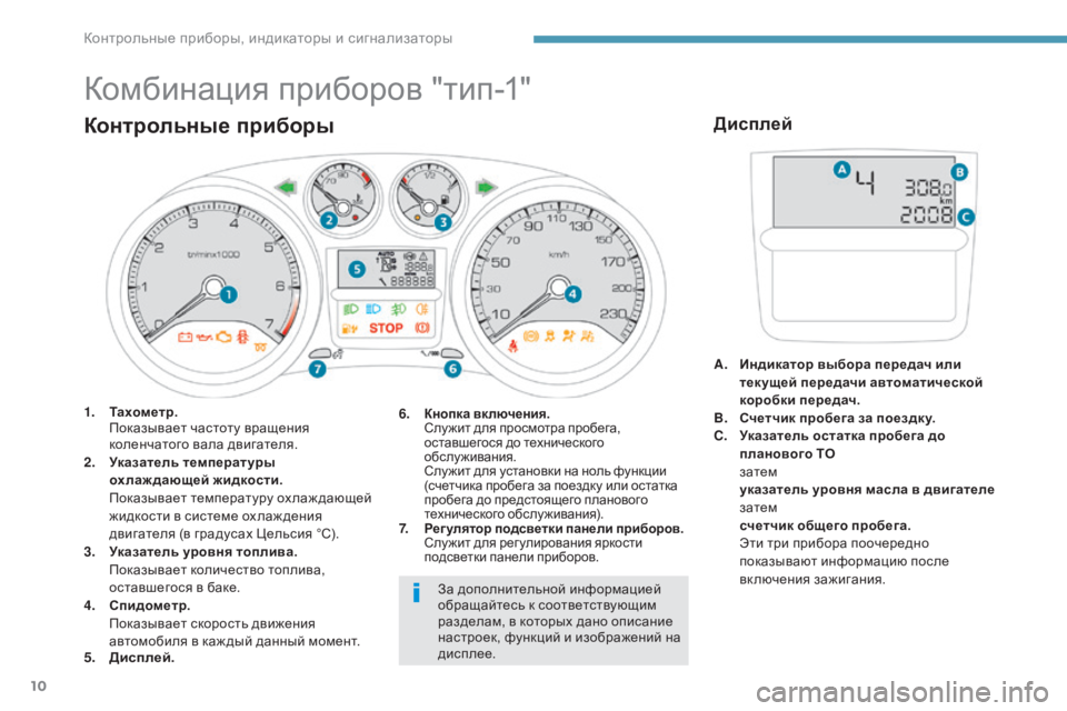 Peugeot 408 2017  Инструкция по эксплуатации (in Russian) 10
комбинация приборов "тип-1"
Контрольные приборы
A. Индикатор выбора передач или текущей передачи автома