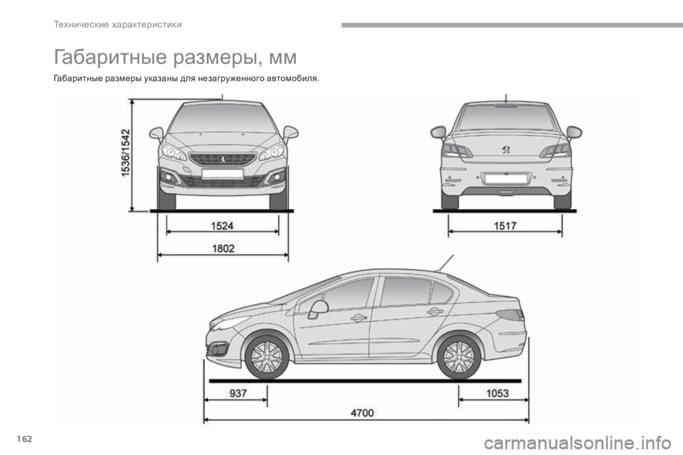 Peugeot 408 2017 Инструкция по эксплуатации (in Russian) 162
Габаритные размеры, мм
Габаритные размеры указаны для незагру женного автомобиля.
технические характерис Peugeot 408 2017 Инструкция по эксплуатации (in Russian) 162
Габаритные размеры, мм
Габаритные размеры указаны для незагру женного автомобиля.
технические характерис