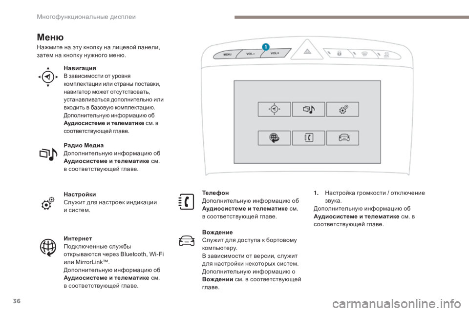 Peugeot 408 2017  Инструкция по эксплуатации (in Russian) 36
Меню
Нажмите на эту кнопку на лицевой панели, 
затем на кнопку ну жного меню.Навигация
в зависимости от уров�