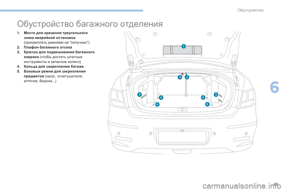 Peugeot 408 2017 Инструкция по эксплуатации (in Russian) 83
обустройство багажного отделения
1. Место для хранения треугольного знака аварийной остановки
(прикрепля Peugeot 408 2017 Инструкция по эксплуатации (in Russian) 83
обустройство багажного отделения
1. Место для хранения треугольного знака аварийной остановки
(прикрепля