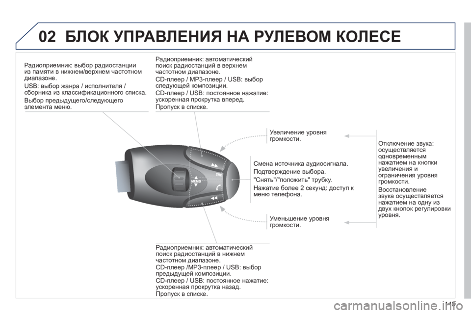 Peugeot 408 2012  Инструкция по эксплуатации (in Russian) 145
02БЛОК УПРАВЛЕНИЯ НА РУЛЕВОМ КОЛЕСЕ 
Радиоприемник: выбор радиостанциииз памяти в нижнем/верхнем частотном