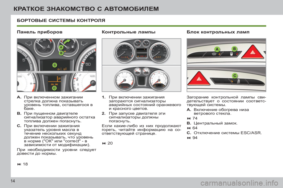 Peugeot 408 2012 Инструкция по эксплуатации (in Russian) 14
КРАТКОЕ ЗНАКОМСТВО С АВТОМОБИЛЕМ
БОРТОВЫЕ СИСТЕМЫ КОНТРОЛЯ
Панель приборов
Блок контрольных ламп
Peugeot 408 2012 Инструкция по эксплуатации (in Russian) 14
КРАТКОЕ ЗНАКОМСТВО С АВТОМОБИЛЕМ
БОРТОВЫЕ СИСТЕМЫ КОНТРОЛЯ
Панель приборов
Блок контрольных ламп