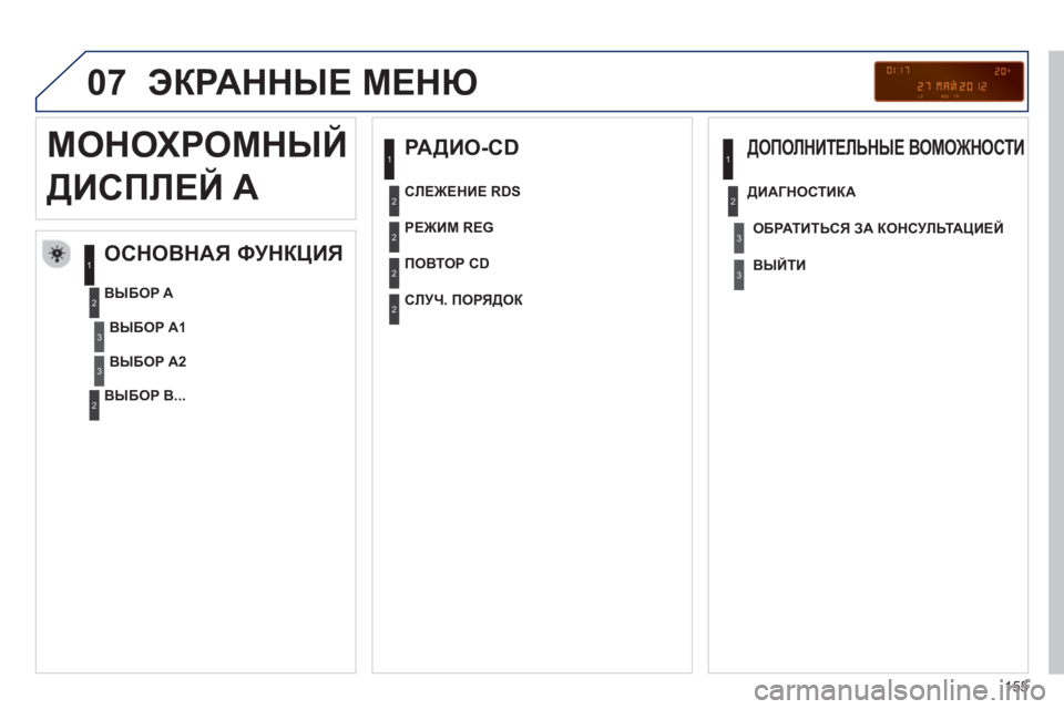 Peugeot 408 2012  Инструкция по эксплуатации (in Russian) 155
07  ЭКРАННЫЕ МЕНЮ 
 
 
РАДИО-CD 
   
ОСНОВНАЯ ФУНКЦИЯ 
 
 
ВЫБОР A 
   
ВЫБОР В...
 
 
 
 
 
 
 
 
 
МОНОХРОМНЫЙ
ДИСПЛЕЙ A 
ВЫБОР 