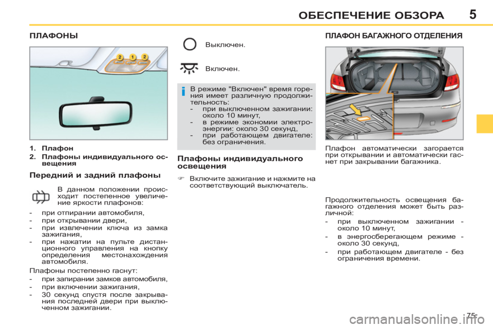 Peugeot 408 2012  Инструкция по эксплуатации (in Russian) 5
75
ОБЕСПЕЧЕНИЕ ОБЗОРА
 
 
 
 
 
Продолжительность освещения ба-
гажного отделения может быть раз-
личной: 
   
 
-  п