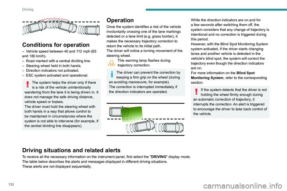Peugeot 508 2020 Owners Manual 132
Driving
Conditions for operation
– Vehicle speed between 40 and 112 mph (65
and 180 km/h).
–
Road marked with a central dividing line.
–
Steering wheel held in both hands.
–
Di Peugeot 508 2020 Owners Manual 132
Driving
Conditions for operation
– Vehicle speed between 40 and 112 mph (65
and 180 km/h).
–
Road marked with a central dividing line.
–
Steering wheel held in both hands.
–
Di