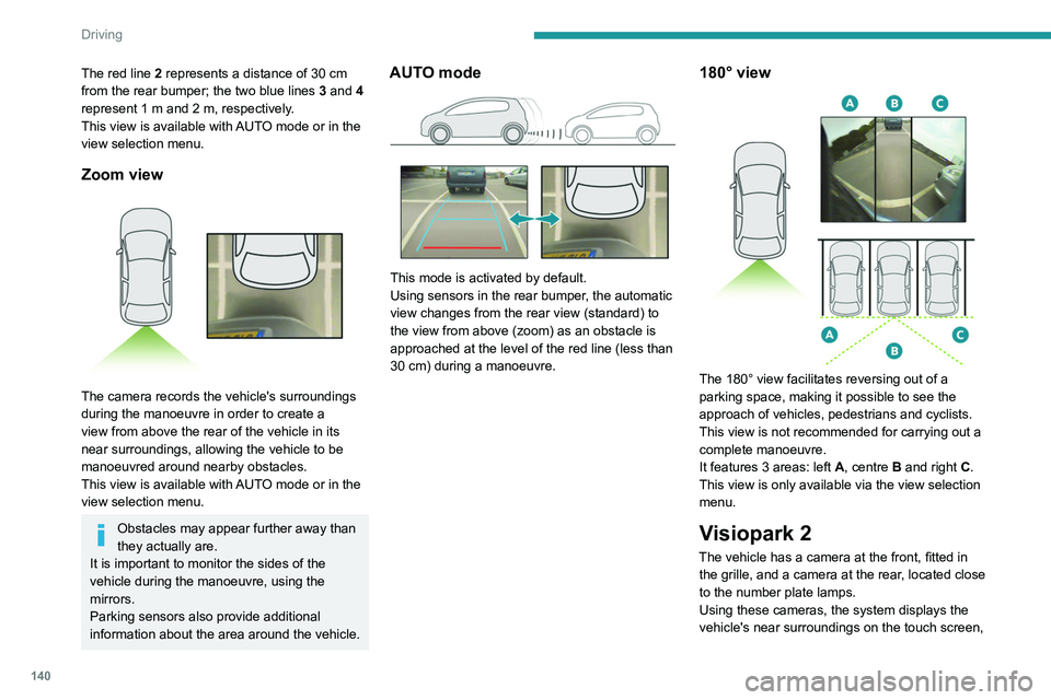 Peugeot 508 2020 Owners Manual 140
Driving
The red line 2 represents a distance of 30 cm
from the rear bumper; the two blue lines 3 and 4
represent 1
m and 2 m, respectively.
This view is available with AUTO mode or in the Peugeot 508 2020 Owners Manual 140
Driving
The red line 2 represents a distance of 30 cm
from the rear bumper; the two blue lines 3 and 4
represent 1
m and 2 m, respectively.
This view is available with AUTO mode or in the