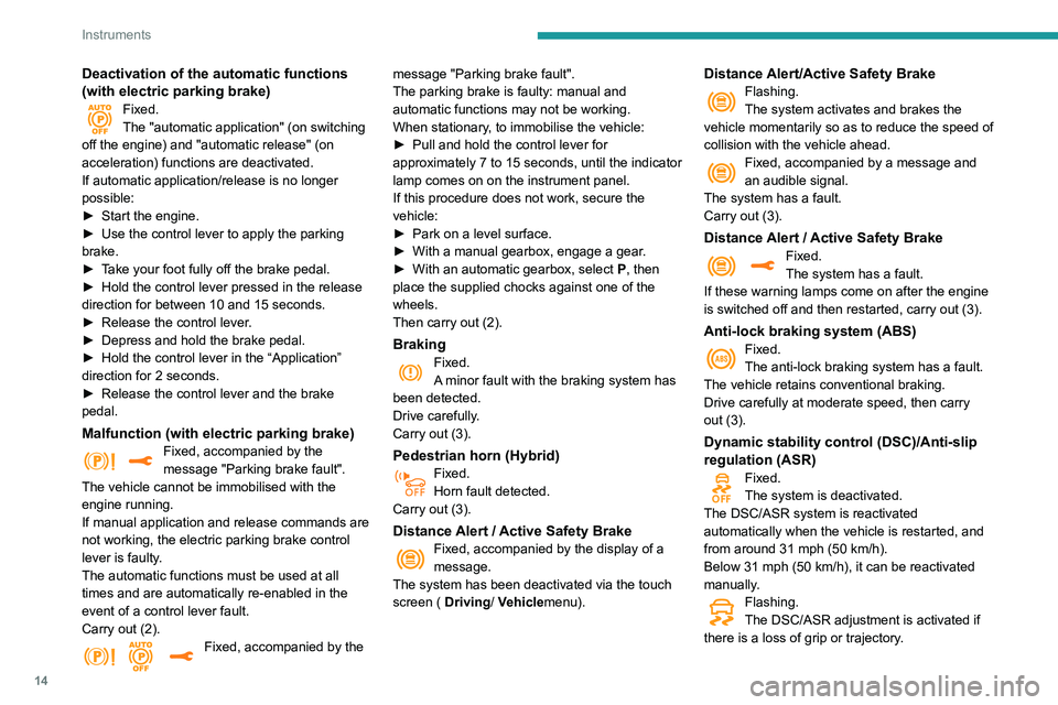 Peugeot 508 2020  Owners Manual 14
Instruments
Deactivation of the automatic functions 
(with electric parking brake)
Fixed.
The "automatic application" (on switching 
off the engine) and "automatic release" (on 
acc