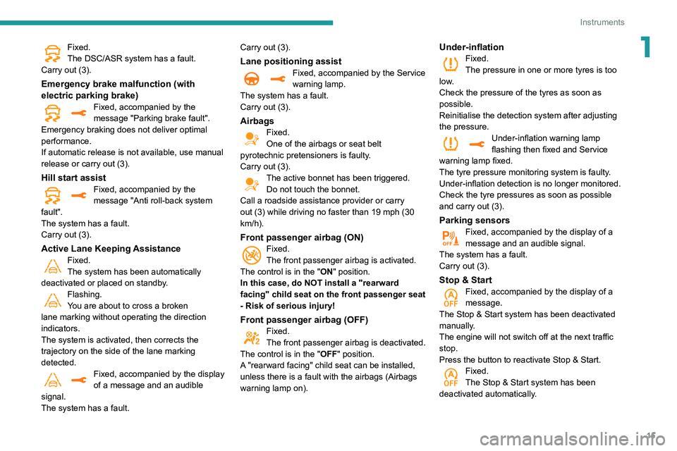 Peugeot 508 2020  Owners Manual 15
Instruments
1Fixed.
The DSC/ASR system has a fault.
Carry out (3).
Emergency brake malfunction (with 
electric parking brake)
Fixed, accompanied by the 
message "Parking brake fault".
Emerg
