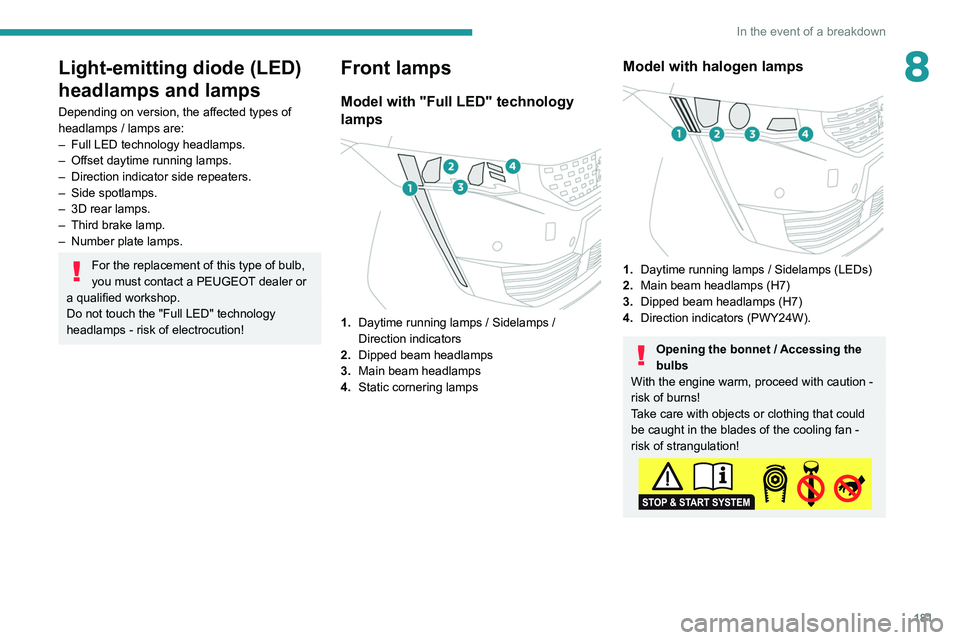 Peugeot 508 2020 Owners Guide 181
In the event of a breakdown
8Light-emitting diode (LED)
headlamps and lamps
Depending on version, the affected types of
headlamps / lamps are:
–
Full LED technology headlamps.
–
Offset d Peugeot 508 2020 Owners Guide 181
In the event of a breakdown
8Light-emitting diode (LED)
headlamps and lamps
Depending on version, the affected types of
headlamps / lamps are:
–
Full LED technology headlamps.
–
Offset d