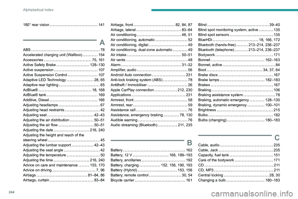 Peugeot 508 2020  Owners Manual 244
Alphabetical index
180° rear vision     141
A
ABS    78
Accelerated charging unit (Wallbox)     
154
Accessories
    
75, 161
Active Safety Brake
    
128–130
Active suspension
    
107
Active 