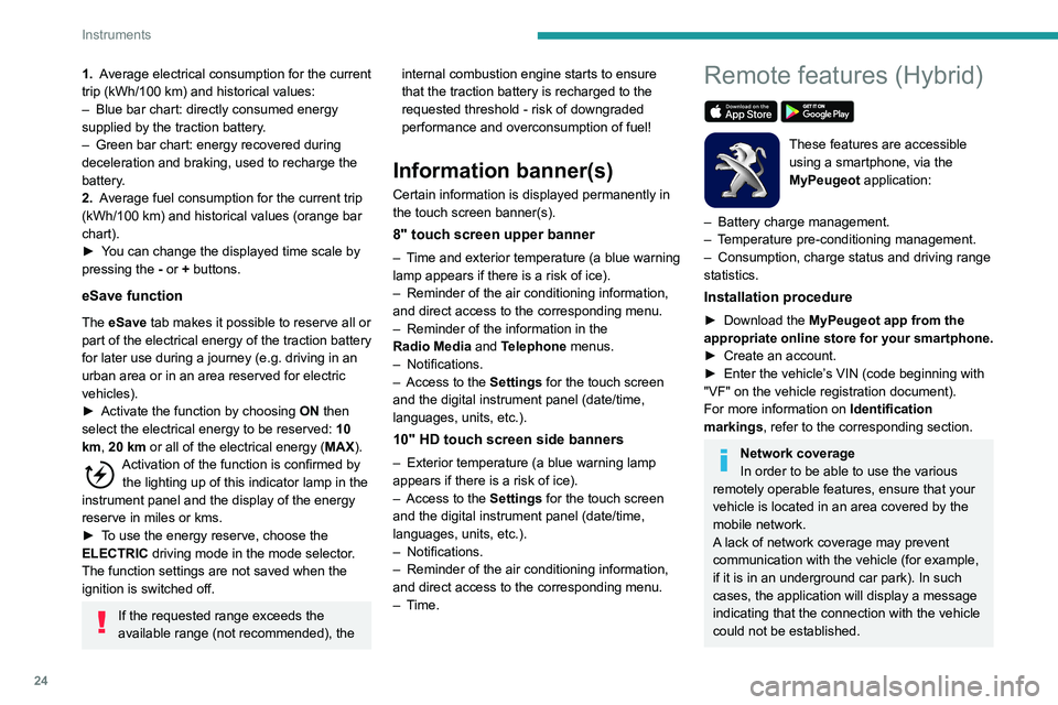 Peugeot 508 2020  Owners Manual 24
Instruments
1.  Average electrical consumption for the current 
trip (kWh/100  km) and historical values:
–
 
Blue bar chart: directly consumed energy 
supplied by the traction battery

.
–
 
G