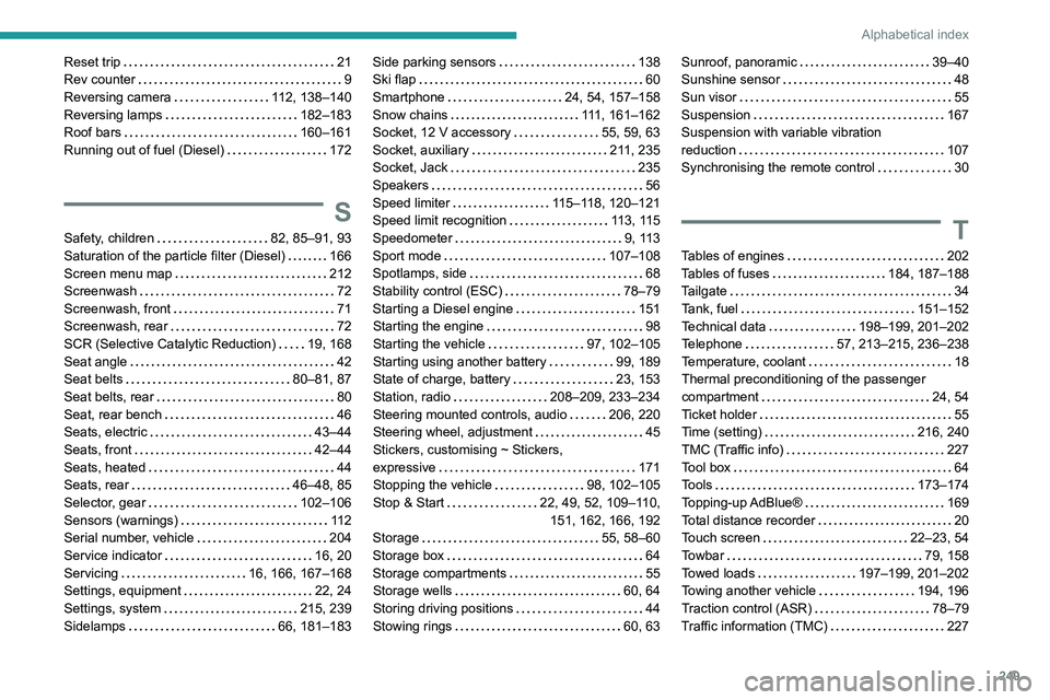 Peugeot 508 2020  Owners Manual 249
Alphabetical index
Reset trip    21
Rev counter     
9
Reversing camera
    
112, 138–140
Reversing lamps
    
182–183
Roof bars
    
160–161
Running out of fuel (Diesel)
    
172
S
Safety, 
