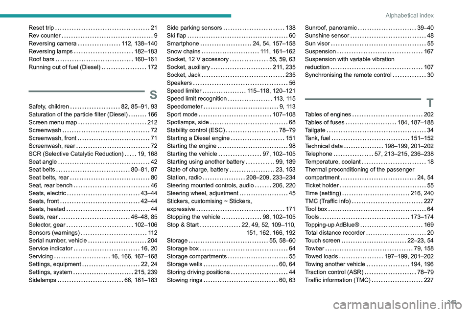 Peugeot 508 2020 User Guide 249
Alphabetical index
Reset trip    21
Rev counter     
9
Reversing camera
    
112, 138–140
Reversing lamps
    
182–183
Roof bars
    
160–161
Running out of fuel (Diesel)
    
172
S
Safety, 