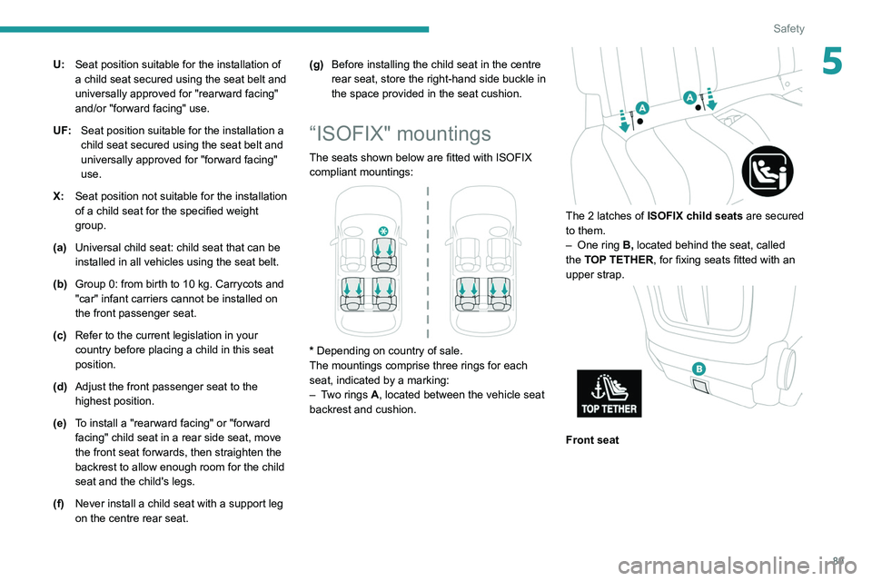Peugeot 508 2020 Owners Manual 89
Safety
5U:Seat position suitable for the installation of
a child seat secured using the seat belt and
universally approved for "rearward facing"
and/or "forward facing" use.
UF: Peugeot 508 2020 Owners Manual 89
Safety
5U:Seat position suitable for the installation of
a child seat secured using the seat belt and
universally approved for "rearward facing"
and/or "forward facing" use.
UF: