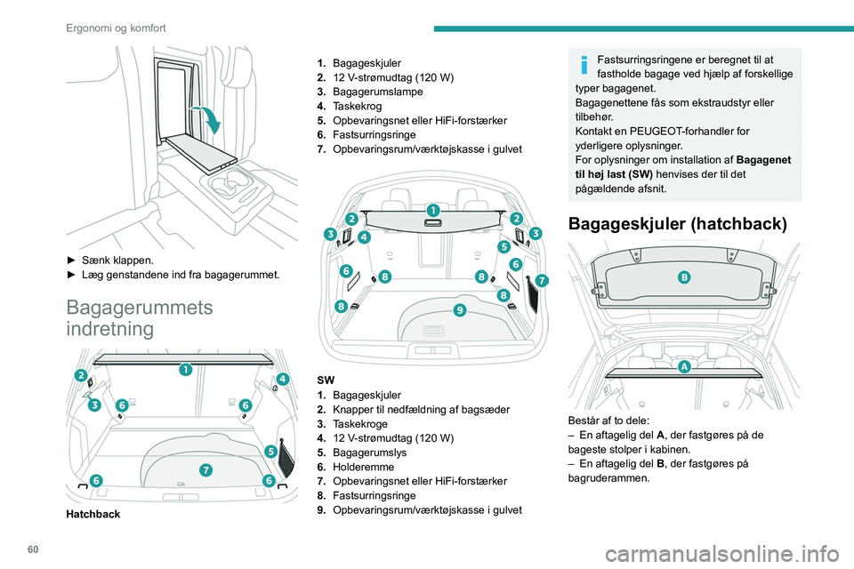 Peugeot 508 2020 Instruktionsbog (in Danish) 60
Ergonomi og komfort
► Sænk klappen.
► Læg genstandene ind fra bagagerummet.
Bagagerummets
indretning
Hatchback 1.
Bagageskjuler
2. 12 V-strømudtag (120 W)
3. Bagagerumslampe
4. Tas Peugeot 508 2020 Instruktionsbog (in Danish) 60
Ergonomi og komfort
► Sænk klappen.
► Læg genstandene ind fra bagagerummet.
Bagagerummets
indretning
Hatchback 1.
Bagageskjuler
2. 12 V-strømudtag (120 W)
3. Bagagerumslampe
4. Tas