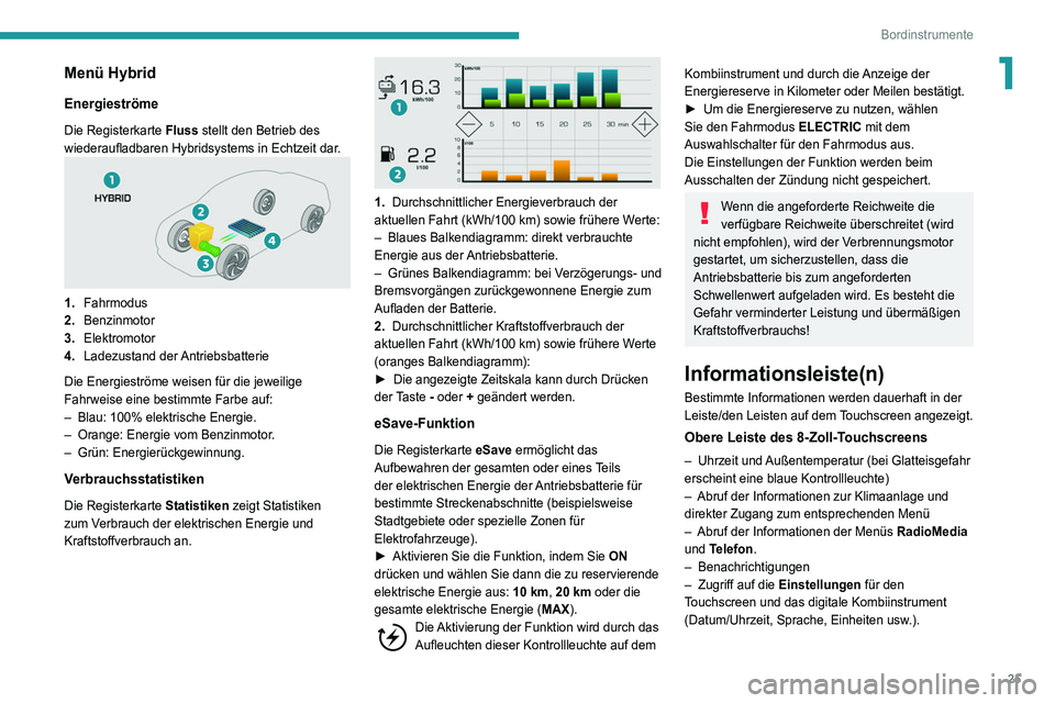 Peugeot 508 2020  Betriebsanleitung (in German) 25
Bordinstrumente
1Menü Hybrid
Energieströme
Die Registerkarte Fluss stellt den Betrieb des 
wiederaufladbaren Hybridsystems in Echtzeit dar.
1. Fahrmodus
2. Benzinmotor
3. Elektromotor
4. Ladezust
