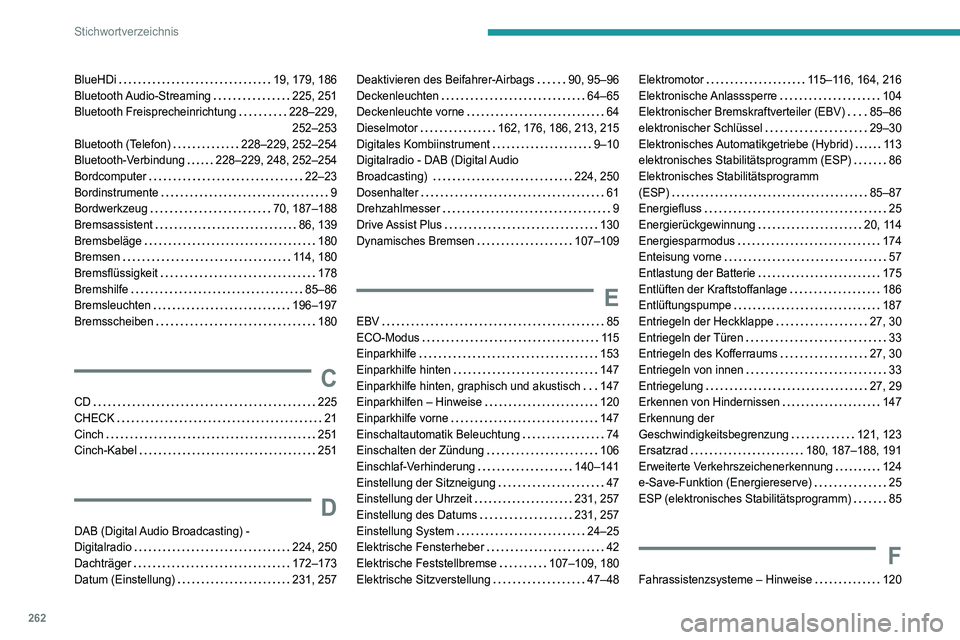 Peugeot 508 2020  Betriebsanleitung (in German) 262
Stichwortverzeichnis
BlueHDi     19, 179, 186
Bluetooth Audio-Streaming     
225, 251
Bluetooth Freisprecheinrichtung
    
228–229, 252–253
Bluetooth (Telefon)
   
228–229, 252–254
Bluetoo