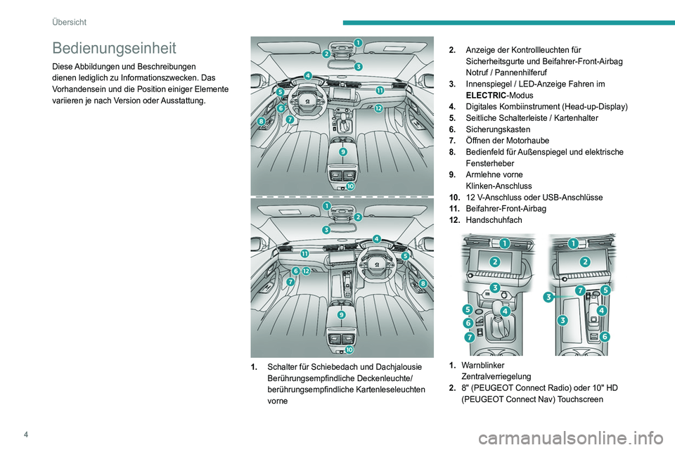 Peugeot 508 2020  Betriebsanleitung (in German) 4
Übersicht
Bedienungseinheit
Diese Abbildungen und Beschreibungen 
dienen lediglich zu Informationszwecken. Das 
Vorhandensein und die Position einiger Elemente 
variieren je nach Version oder Ausst