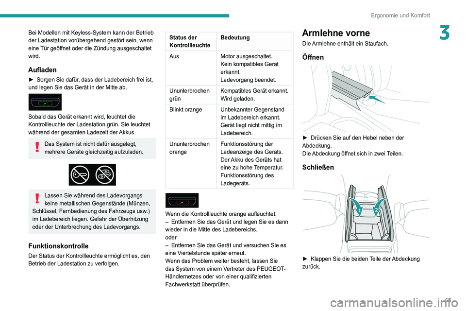Peugeot 508 2020 Betriebsanleitung (in German) 63
Ergonomie und Komfort
3Bei Modellen mit Keyless-System kann der Betrieb
der Ladestation vorübergehend gestört sein, wenn
eine Tür geöffnet oder die Zündung ausgeschaltet
wird.
Aufladen
► Peugeot 508 2020 Betriebsanleitung (in German) 63
Ergonomie und Komfort
3Bei Modellen mit Keyless-System kann der Betrieb
der Ladestation vorübergehend gestört sein, wenn
eine Tür geöffnet oder die Zündung ausgeschaltet
wird.
Aufladen
►