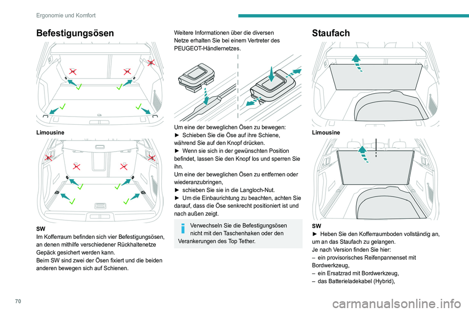 Peugeot 508 2020 Betriebsanleitung (in German) 70
Ergonomie und Komfort
Kofferraumbeleuchtung
Sie schaltet sich automatisch beim Öffnen des
Kofferraums ein und erlischt, wenn er wieder
geschlossen wird.
Die Einschaltzeit variiert je nach
Einsa Peugeot 508 2020 Betriebsanleitung (in German) 70
Ergonomie und Komfort
Kofferraumbeleuchtung
Sie schaltet sich automatisch beim Öffnen des
Kofferraums ein und erlischt, wenn er wieder
geschlossen wird.
Die Einschaltzeit variiert je nach
Einsa