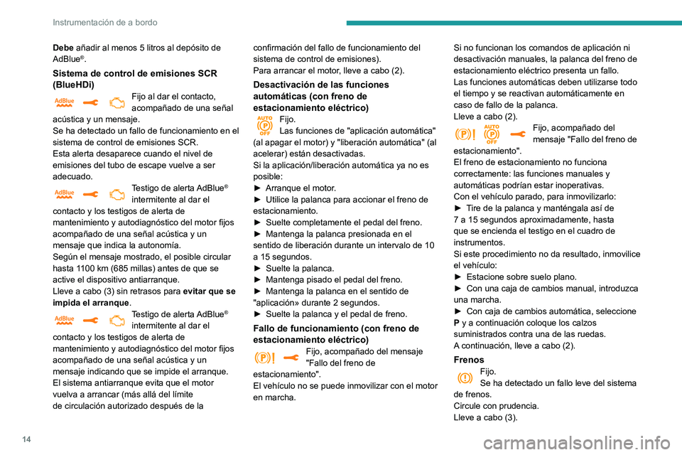 Peugeot 508 2020 Manual del propietario (in Spanish) 14
Instrumentación de a bordo
Debe añadir al menos 5 litros al depósito de
AdBlue®.
Sistema de control de emisiones SCR
(BlueHDi)
Fijo al dar el contacto,
acompañado de una señal
acústica y Peugeot 508 2020 Manual del propietario (in Spanish) 14
Instrumentación de a bordo
Debe añadir al menos 5 litros al depósito de
AdBlue®.
Sistema de control de emisiones SCR
(BlueHDi)
Fijo al dar el contacto,
acompañado de una señal
acústica y