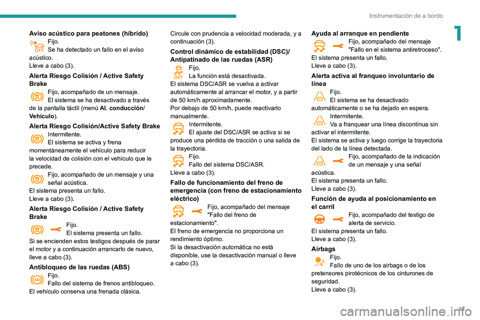 Peugeot 508 2020  Manual del propietario (in Spanish) 15
Instrumentación de a bordo
1Aviso acústico para peatones (híbrido)Fijo.
Se ha detectado un fallo en el aviso 
acústico.
Lleve a cabo (3).
Alerta Riesgo Colisión / Active Safety 
Brake
Fijo, ac
