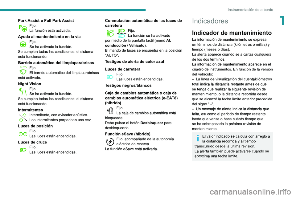 Peugeot 508 2020 Manual del propietario (in Spanish) 17
Instrumentación de a bordo
1Park Assist o Full Park AssistFijo.
La función está activada.
Ayuda al mantenimiento en la víaFijo.
Se ha activado la función.
Se cumplen todas las condiciones: el Peugeot 508 2020 Manual del propietario (in Spanish) 17
Instrumentación de a bordo
1Park Assist o Full Park AssistFijo.
La función está activada.
Ayuda al mantenimiento en la víaFijo.
Se ha activado la función.
Se cumplen todas las condiciones: el