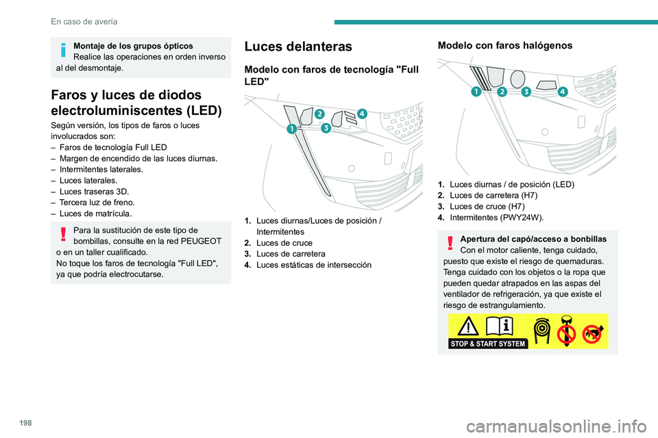 Peugeot 508 2020  Manual del propietario (in Spanish) 198
En caso de avería
Montaje de los grupos ópticos
Realice  las operaciones en orden inverso 
al del desmontaje.
Faros y luces de diodos 
electroluminiscentes (LED)
Según versión, los tipos de fa
