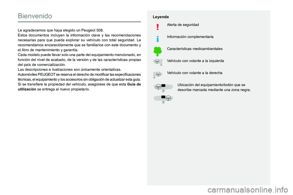 Peugeot 508 2020  Manual del propietario (in Spanish)   
 
 
 
  
   
   
 
  
 
  
 
 
   
 
 
   
 
 
  
Bienvenido
Le agradecemos que haya elegido un Peugeot 508.
Estos documentos incluyen la información clave y las recomendaciones 
necesarias para q