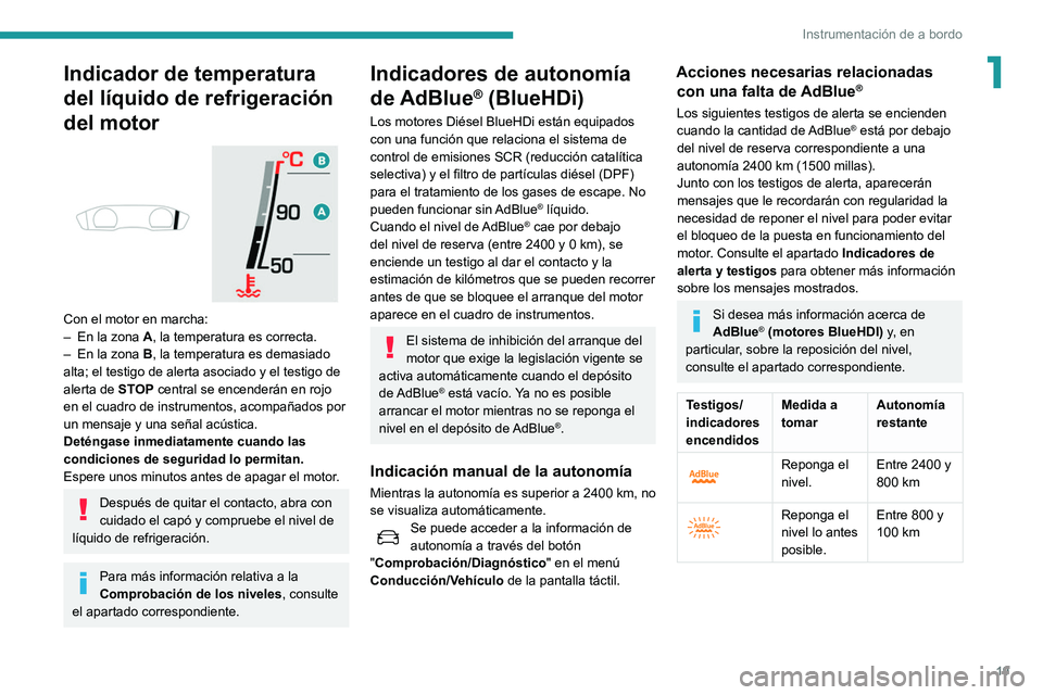 Peugeot 508 2020  Manual del propietario (in Spanish) 19
Instrumentación de a bordo
1Indicador de temperatura 
del líquido de refrigeración 
del motor
 
 
Con el motor en marcha:
– En la zona  A, la temperatura es correcta.
–
 
En la zona 
 B, la 