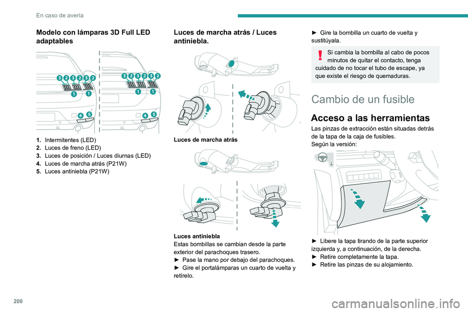 Peugeot 508 2020  Manual del propietario (in Spanish) 200
En caso de avería
Modelo con lámparas 3D Full LED 
adaptables
 
 
1.Intermitentes (LED)
2. Luces de freno (LED)
3. Luces de posición / Luces diurnas (LED)
4. Luces de marcha atrás (P21W)
5. Lu