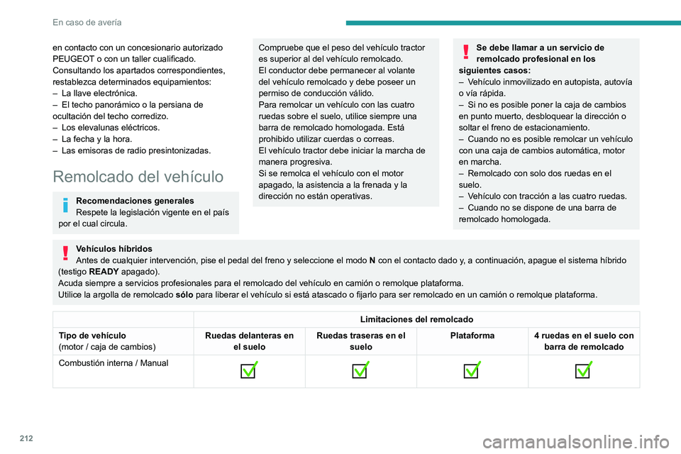 Peugeot 508 2020  Manual del propietario (in Spanish) 212
En caso de avería
en contacto con un concesionario autorizado 
PEUGEOT o con un taller cualificado.
Consultando los apartados correspondientes, 
restablezca determinados equipamientos:
– 
La ll