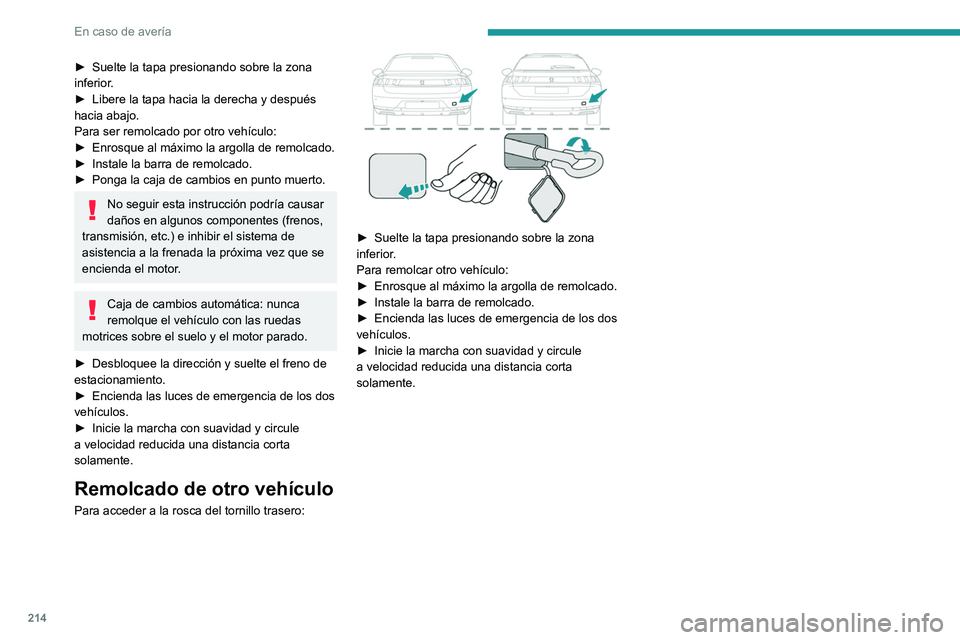 Peugeot 508 2020  Manual del propietario (in Spanish) 214
En caso de avería
► Suelte la tapa presionando sobre la zona 
inferior .
►
 
Libere la tapa hacia la derecha y después 
hacia abajo.
Para ser remolcado por otro vehículo:
►

 
Enrosque al