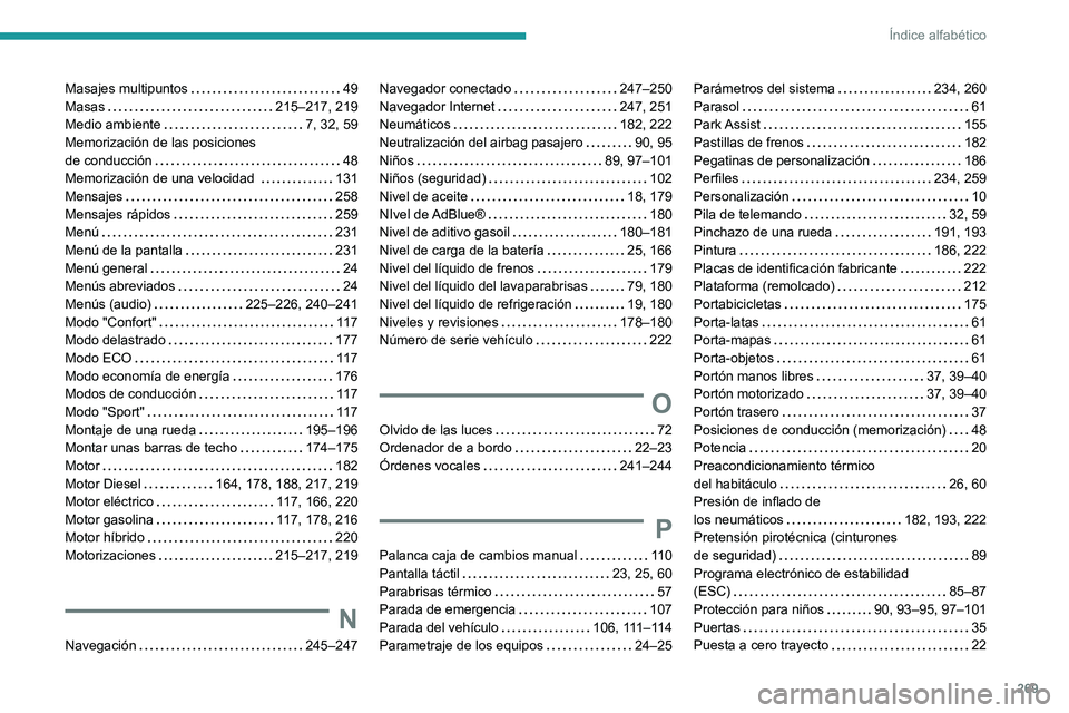 Peugeot 508 2020  Manual del propietario (in Spanish) 269
Índice alfabético
Masajes multipuntos     49
Masas     
215–217, 219
Medio ambiente
    
7, 32, 59
Memorización de las posiciones  
de conducción
    
48
Memorización de una velocidad 
    
