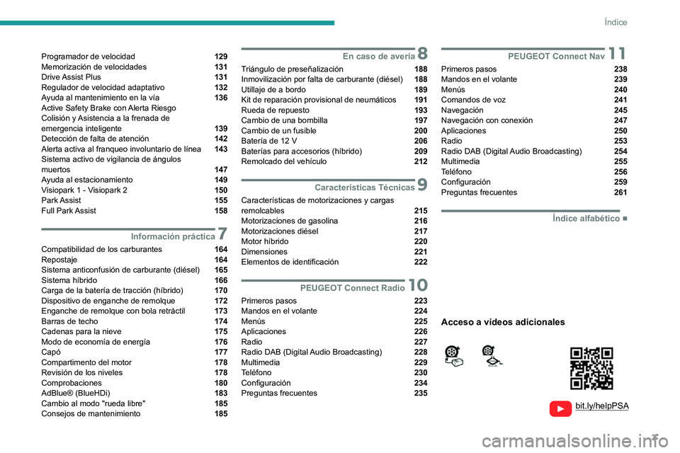 Peugeot 508 2020  Manual del propietario (in Spanish) 3
Índice
  
  
bit.ly/helpPSA 
 
 
Programador de velocidad  129
Memorización de velocidades  131
Drive Assist  Plus  131
Regulador de velocidad adaptativo  132
Ayuda al mantenimiento en la vía  13