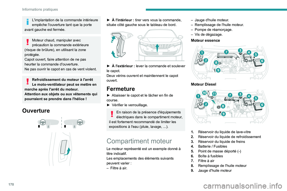 Peugeot 508 2020  Manuel du propriétaire (in French) 170
Informations pratiques
L'implantation de la commande intérieure 
empêche l'ouverture tant que la porte 
avant gauche est fermée.
Moteur chaud, manipuler avec 
précaution la commande ex