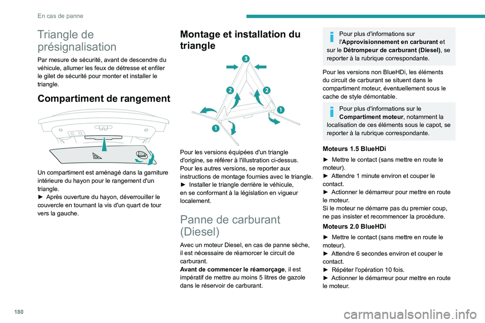Peugeot 508 2020  Manuel du propriétaire (in French) 180
En cas de panne
Triangle de présignalisation
Par mesure de sécurité, avant de descendre du 
véhicule, allumer les feux de détresse et enfiler 
le gilet de sécurité pour monter et installer 