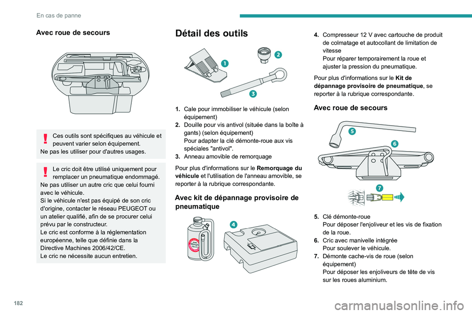 Peugeot 508 2020  Manuel du propriétaire (in French) 182
En cas de panne
Avec roue de secours 
 
Ces outils sont spécifiques au véhicule et 
peuvent varier selon équipement.
Ne pas les utiliser pour d'autres usages.
Le cric doit être utilisé un