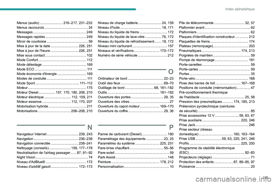 Peugeot 508 2020  Manuel du propriétaire (in French) 259
Index alphabétique
Menus (audio)     216–217, 231–232
Menus raccourcis     
24
Messages
    
249
Messages rapides
    
249
Miroir de courtoisie
    
59
Mise à jour de la date
    
226, 251
M