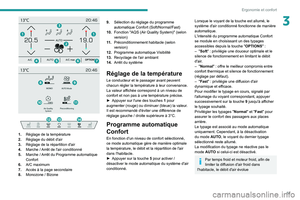Peugeot 508 2020 Manuel du propriétaire (in French) 53
Ergonomie et confort
3
1. Réglage de la température
2. Réglage du débit d'air
3. Réglage de la répartition d'air
4. Marche
/ Arrêt de l'air conditionné
5. Marche
/ Peugeot 508 2020 Manuel du propriétaire (in French) 53
Ergonomie et confort
3
1. Réglage de la température
2. Réglage du débit d'air
3. Réglage de la répartition d'air
4. Marche
/ Arrêt de l'air conditionné
5. Marche
/