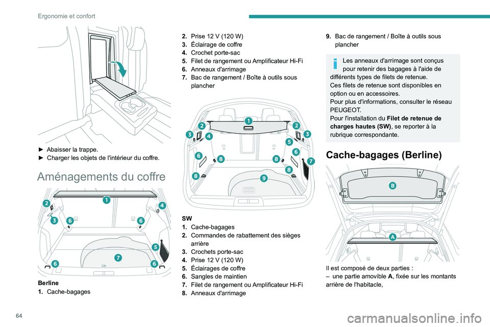 Peugeot 508 2020 Manuel du propriétaire (in French) 64
Ergonomie et confort
► Abaisser la trappe.
► Charger les objets de l'intérieur du coffre.
Aménagements du coffre
Berline
1. Cache-bagages 2.
Prise 12 V (120 W)
3. Éclairage de Peugeot 508 2020 Manuel du propriétaire (in French) 64
Ergonomie et confort
► Abaisser la trappe.
► Charger les objets de l'intérieur du coffre.
Aménagements du coffre
Berline
1. Cache-bagages 2.
Prise 12 V (120 W)
3. Éclairage de